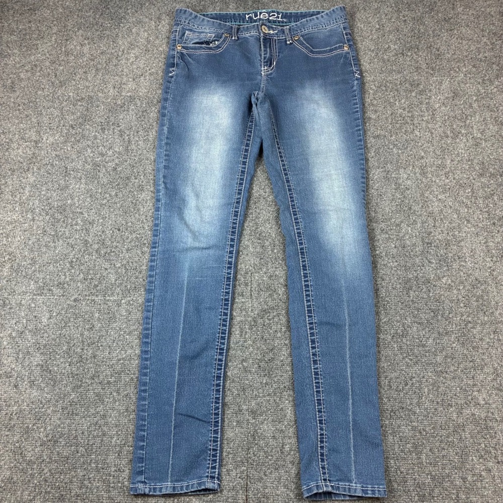 Rue21 Womens Mid Rise Skinny Jeans Blue Denim Size 7/8 Long Thick Stitching